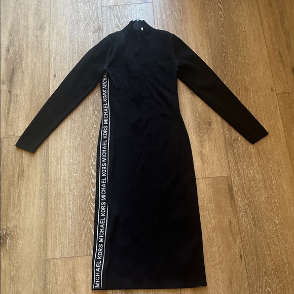 Michael Kors Logo Tape Ribbed Knit Black Mock Neck Midi Dress Size Medium - Picture 2 of 5